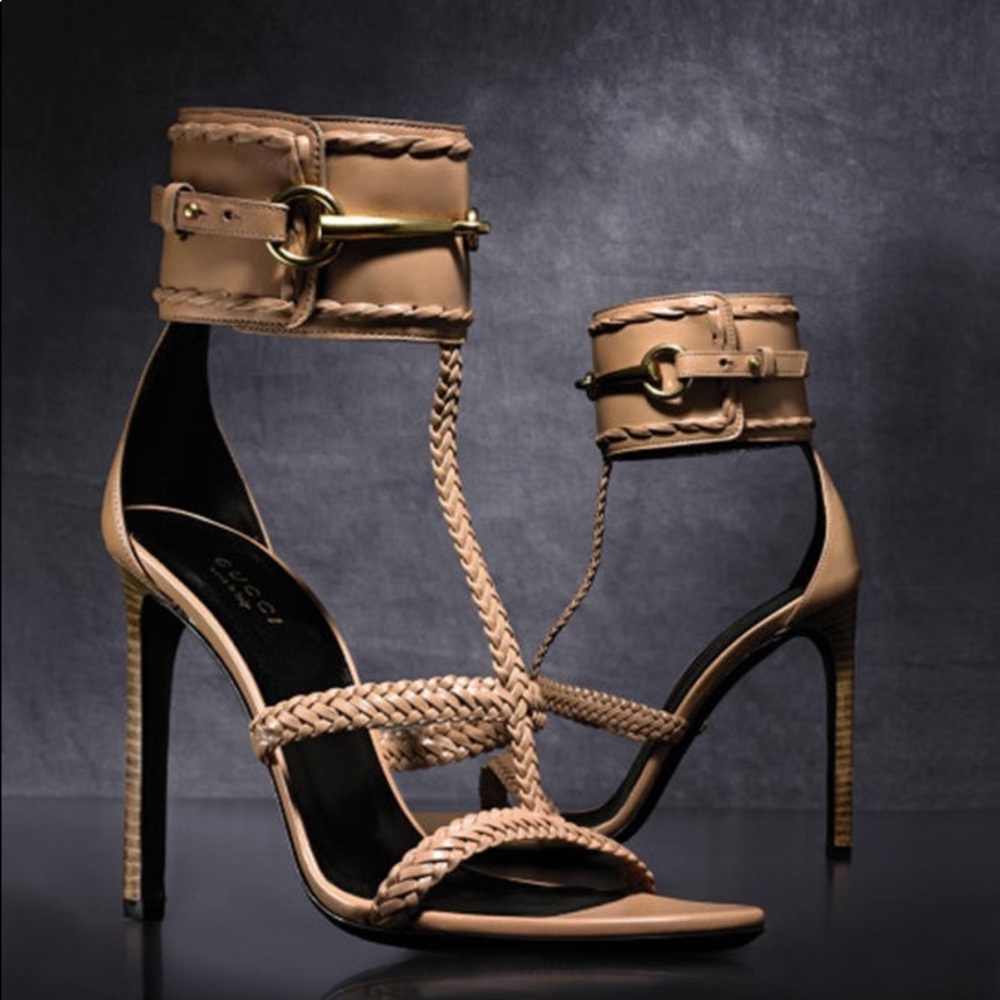 Gucci Ursula Horsebit Braided Tan Brown Heels 39 9